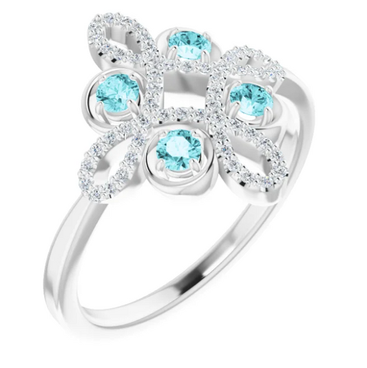 Clover Blue Zircon and Diamond Ring
