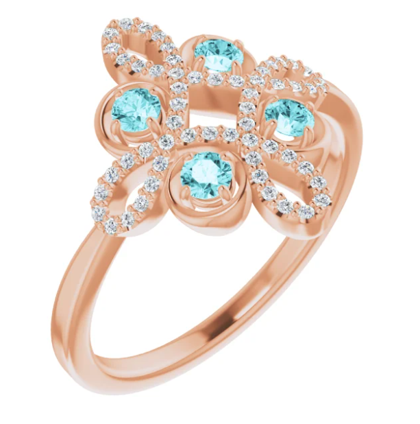 Clover Blue Zircon and Diamond Ring