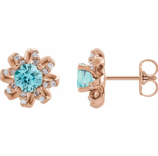 Passionflower Blue Zircon & Diamond Earrings