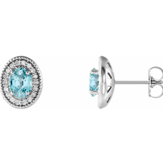 Plumeria Blue Zircon & Diamond Halo Style Earrings