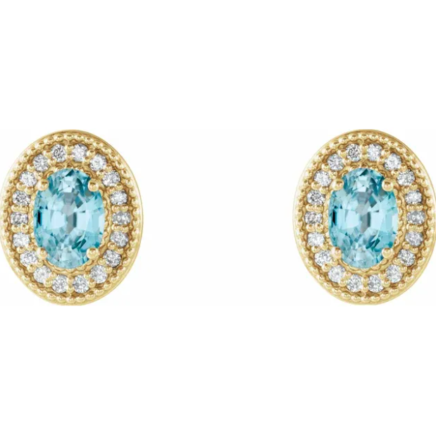 Plumeria Blue Zircon & Diamond Halo Style Earrings