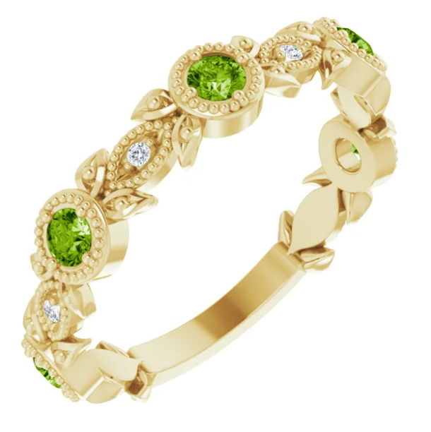 Cherry Blossom Peridot and Diamond Leaf Ring