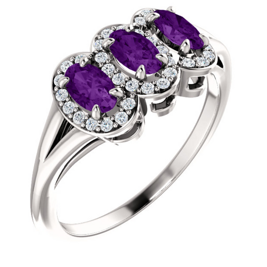 Plumeria Three Stone Amethyst and Diamond Ring