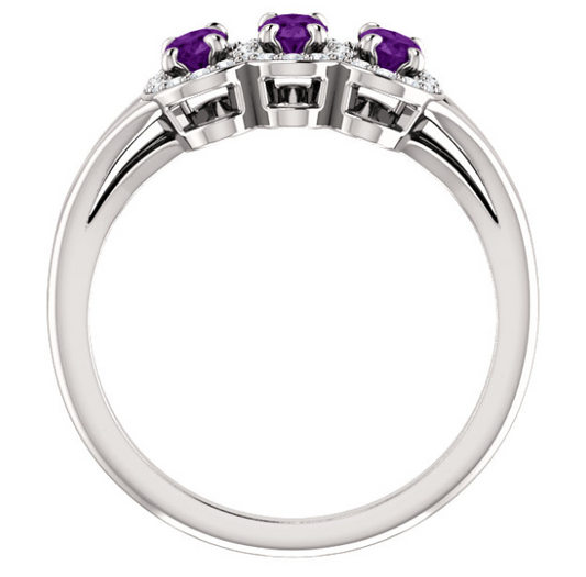 Plumeria Three Stone Amethyst and Diamond Ring