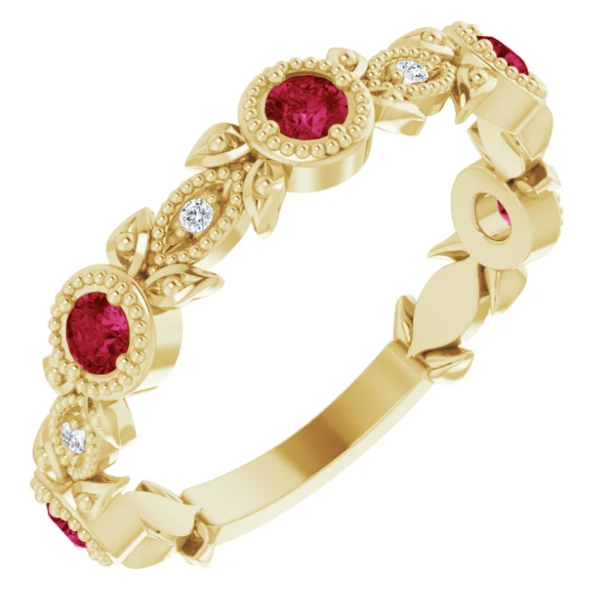 Cherry Blossom Ruby and Diamond Leaf Ring