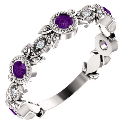 Cherry Blossom Amethyst and Diamond Leaf Ring