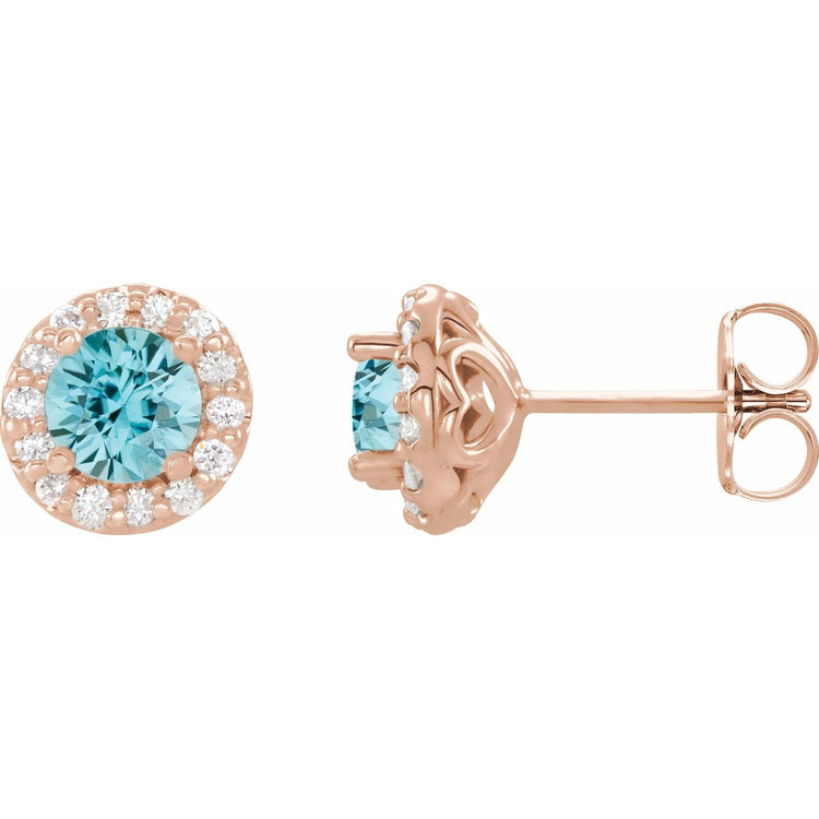 Rose Blue Zircon & Diamond Halo Style Earrings